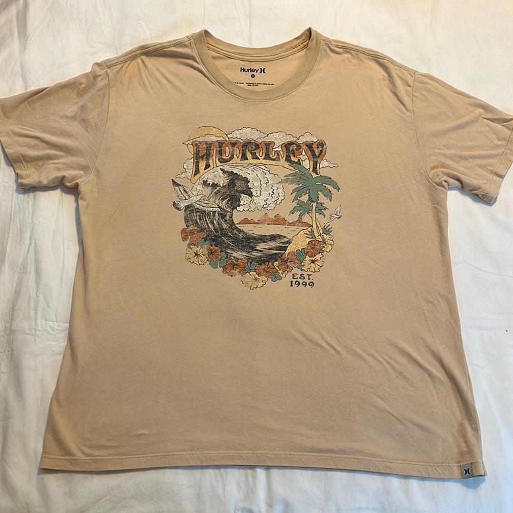 Hurley Beige Crew Neck Tee Shirt Wave Hawaiian Graphic Size Small